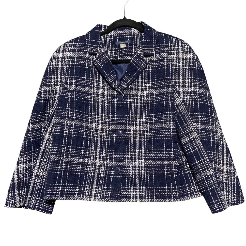Tommy Hilfiger Women's Navy White Plaid Tweed Blazer Jacket Size 12 Lined Office